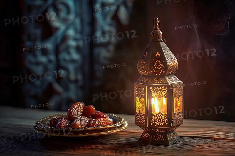 Ramadan lantern with a plate of succulent figs on dark background, set on an ornate table with intricate designs, evoking the rich traditions and serene moments of the holy month, AI generated