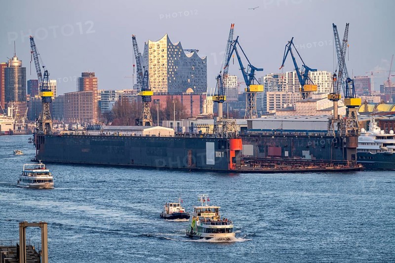 Hamburg harbour, Blohm + Voss shipyard, dry dock, dock 11, Elbe Philharmonic Hall concert hall in the background, Hamburg, Germany, Europe