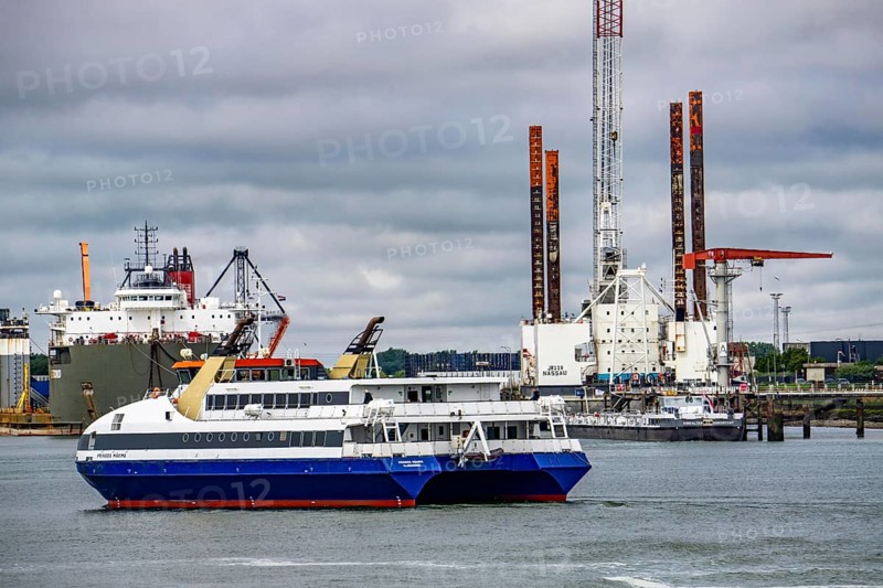 The jack-up platform, JB119, work platform, e.g. for the construction of offshore wind farms, heavy-duty transport vessel Fjord, Westernschelde Ferry, in the harbour of Vlissingen, Zeeland, Netherlands