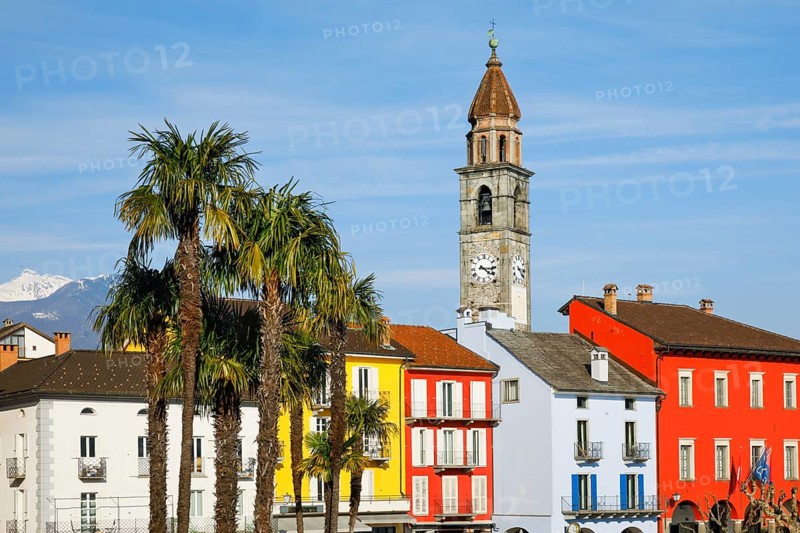 Colourful house facades on the lakeside promenade of Ascona on Lake Maggiore, Canton Ticino, Switzerland, Europe