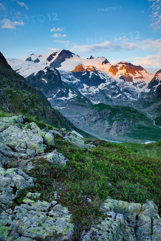 Sunrise with Gwächtenhorn and Steingletscher on the Susten Pass, Canton of Bern, Switzerland, Europe