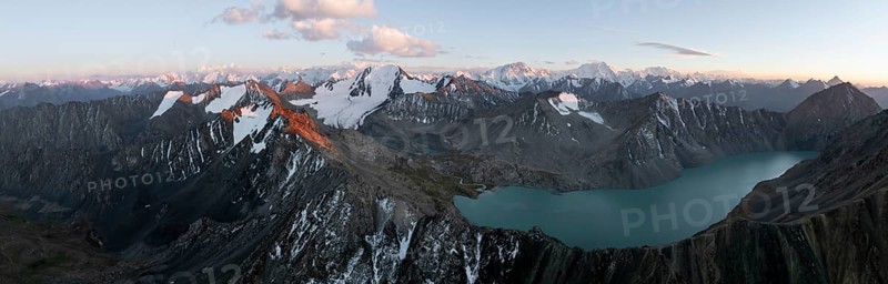 Evening mood, mountain panorama, aerial view, 4000 metre peak with glacier, mountain pass and mountain lake Ala-Kul Lake, Tien Shan, Kyrgyzstan, Asia