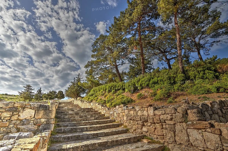 HDR, super wide angle shot, stone stairs between ancient walls, surrounded by trees and vegetation, blue sky in the background, Kamiros, archaeological site, ancient city, foundation of Doric Greeks, Rhodes, Dodecanese, Greek Islands, Greece, Europe