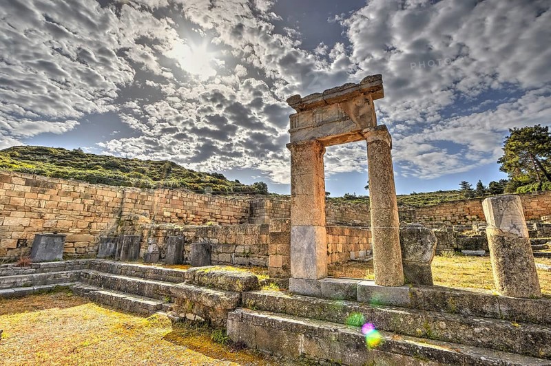 HDR, Super wide angle shot, Ancient ruins with stone walls and columns under a sunny sky with clouds, historical site, Ancient well house, Kamiros, Archaeological site, Ancient city, Foundation of Doric Greeks, Rhodes, Dodecanese, Greek Islands, Greece, Europe