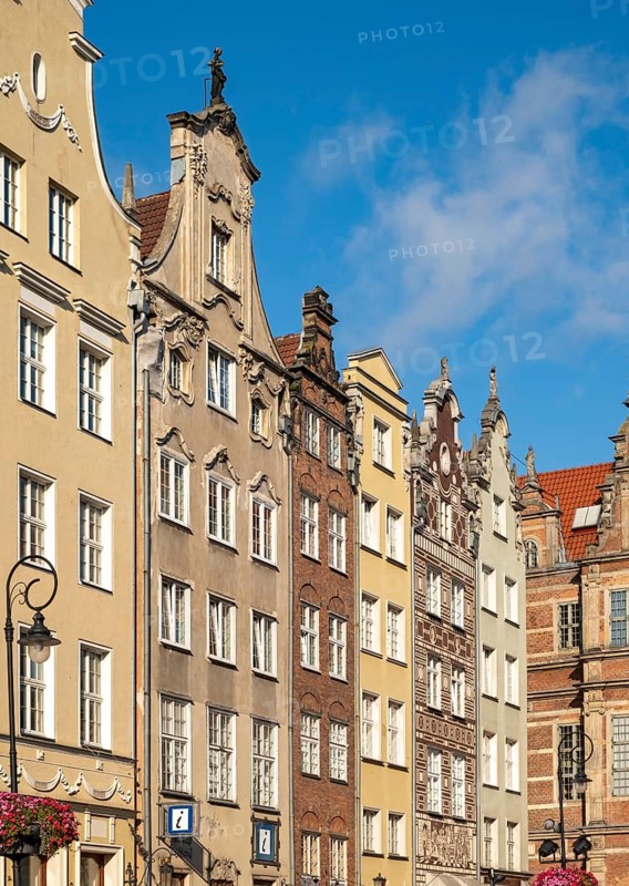 Close-up of facades of townhouses on Dlugi Targ, Gdansk, Gdansk, Poland, Europe