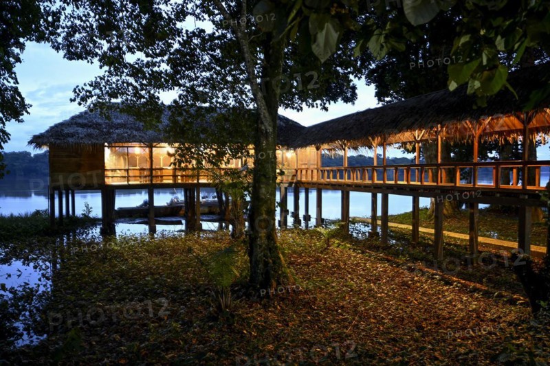 Restaurant at Doli Lodge on the Sangha River, blue hour, Bayanga, Sangha-Mbaéré Prefecture, Central African Republic, Africa