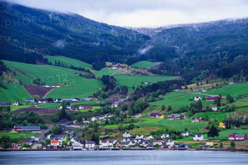 Mountains and Fjord over Norwegian Village, Olden, Innvikfjorden, Norway, Europe