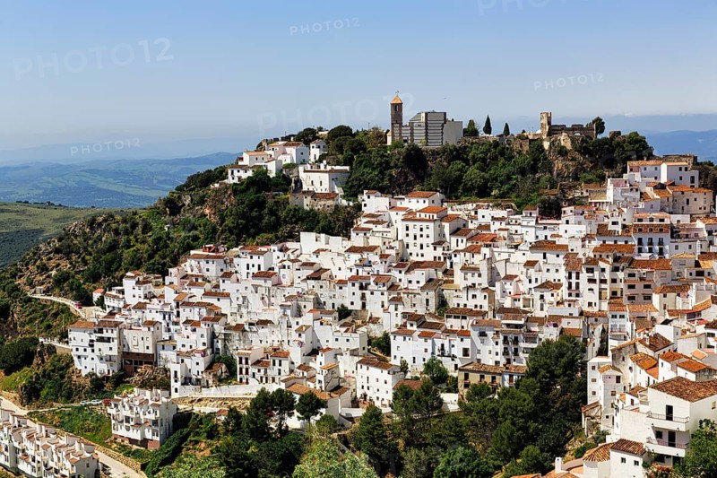 Typical white village of Casares, houses and church on a hill, View of the village, Route of the white villages, Malaga, Andalusia, Spain, Europe