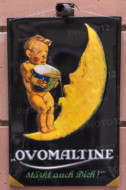Old advertising tin sign Ovomaltine on a house wall, Regensburg, Upper Palatinate, Bavaria, Germany, Europe