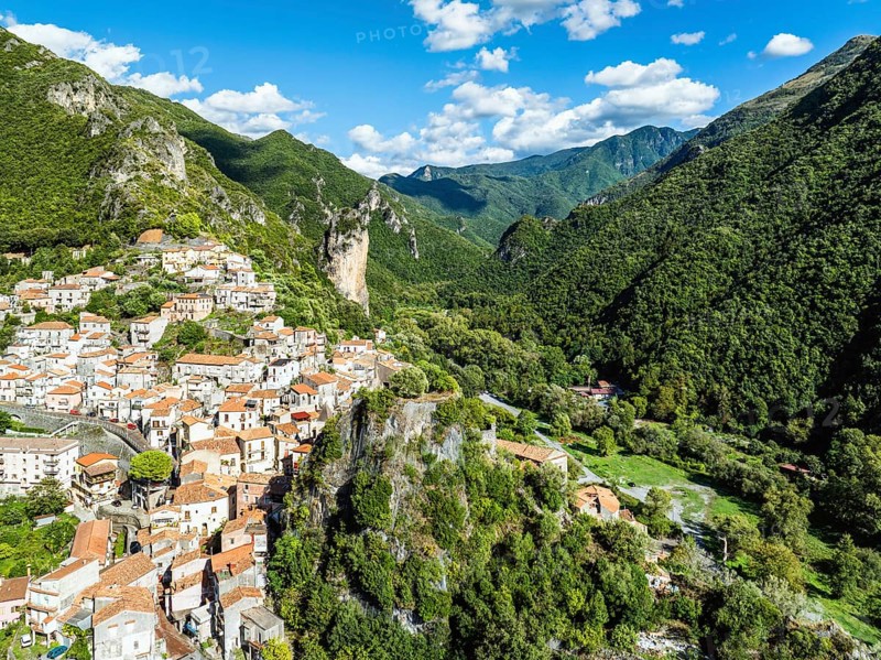 Orsomarso from a drone, Cosenza, Calabria, Italy, Europe
