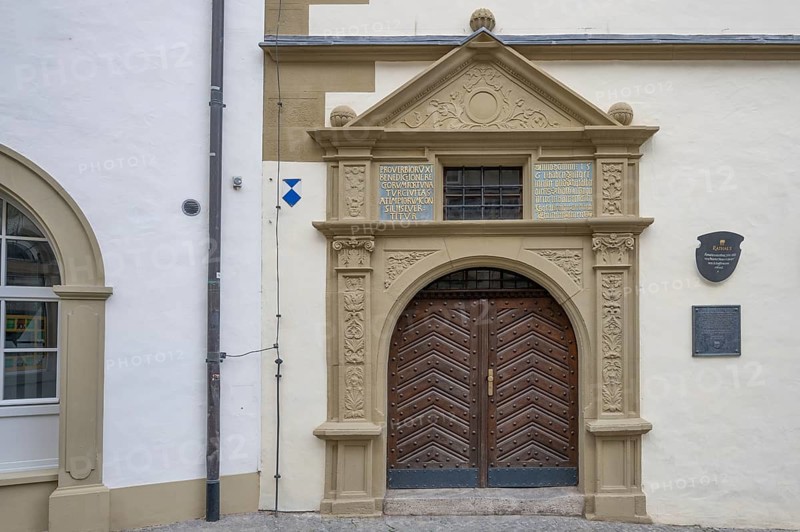 Entrance portal of the town hall, built from 1561 to 1563 in Renaissance style, Kaiserstr. 13, Kitzingen, Lower Franconia, Bavaria, Germany, Europe