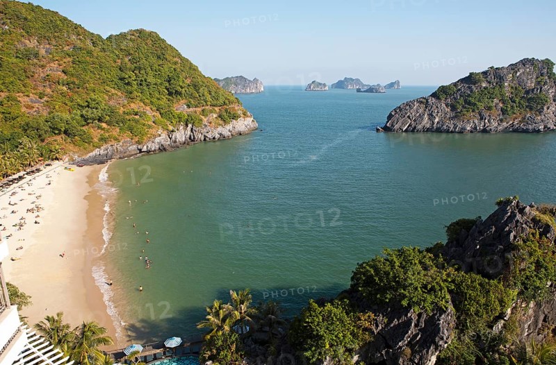 Cat Co Beach and the karst rocks of Lan Ha Bay, Cat Ba Island, Halong Bay, Vietnam, Asia