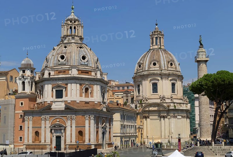 View from the Monumento Vittorio Emanuele II, Piazza Venezia, to the church of Santa Maria di Loreto, behind it the twin church Santissimo Nome di Maria al Foro Traiano, Rome, Italy, Europe