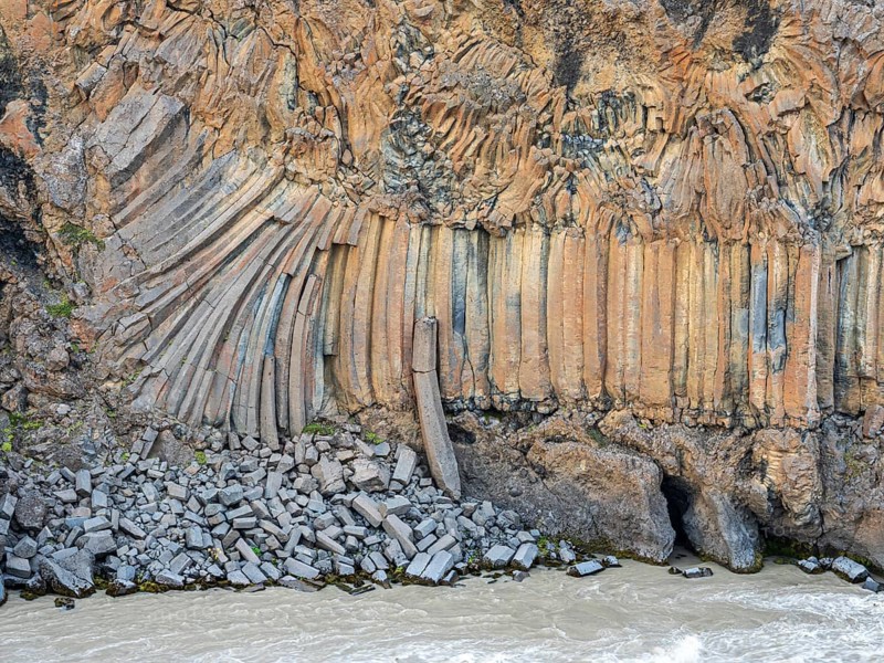 Basalt columns at waterfall Aldeyarfoss, gorge of river Skjalfandafljot, Iceland, Europe
