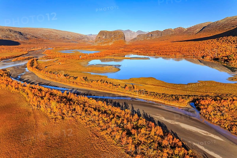 Lake, river, river delta, autumn colours, autumn, mountains, sunny, aerial view, Rapadalen, view of Nammatj and Sarek National Park, Laponia, Lapland, Sweden, Europe