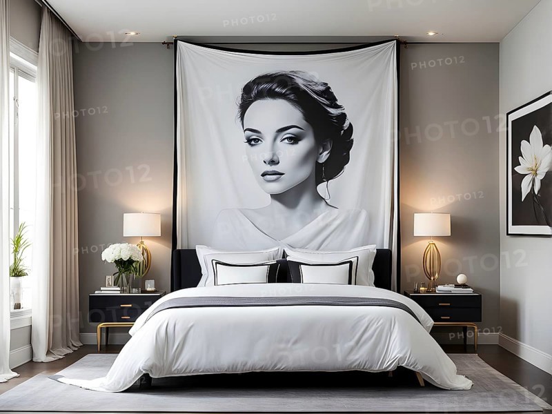 Empty modern bedroom with a large, plush bed covered in white linens, a single framed artwork on the wall, and natural light filtering through sheer curtains, AI generated