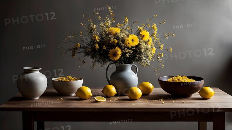 Still life scene of a simple wooden table with a vase of dried flowers, a few ceramic bowls, and scattered fruits, AI generated