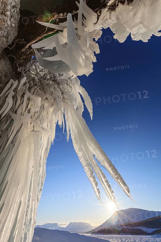 Ice formations, icicles, frozen lake, sun star, sun, snow, mountains, winter, Torneträsk, Laponia, Lapland, Sweden, Europe