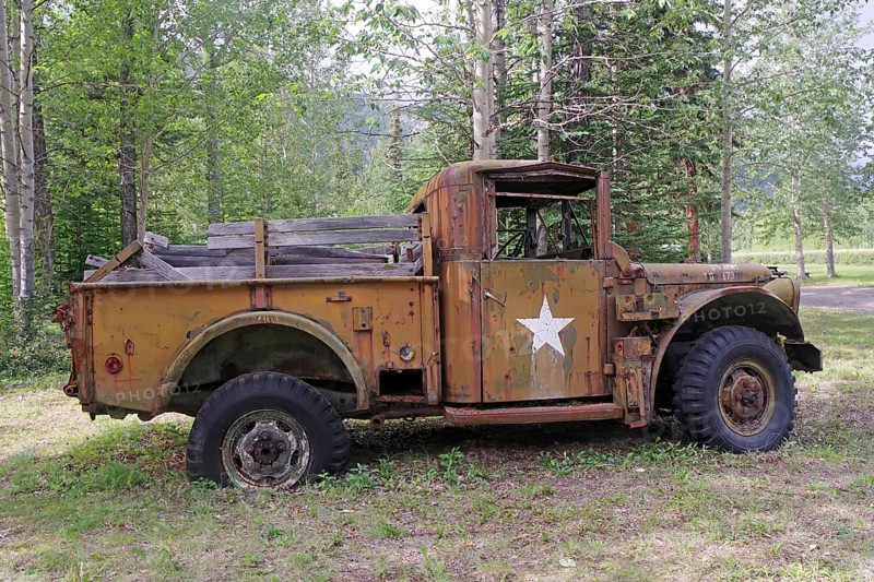 Side view of a rusty military vehicle with star in the forest, former army camp, Yukon, Discovery Lodge, Alaska Highway, Yukon Territory, Canada, North America