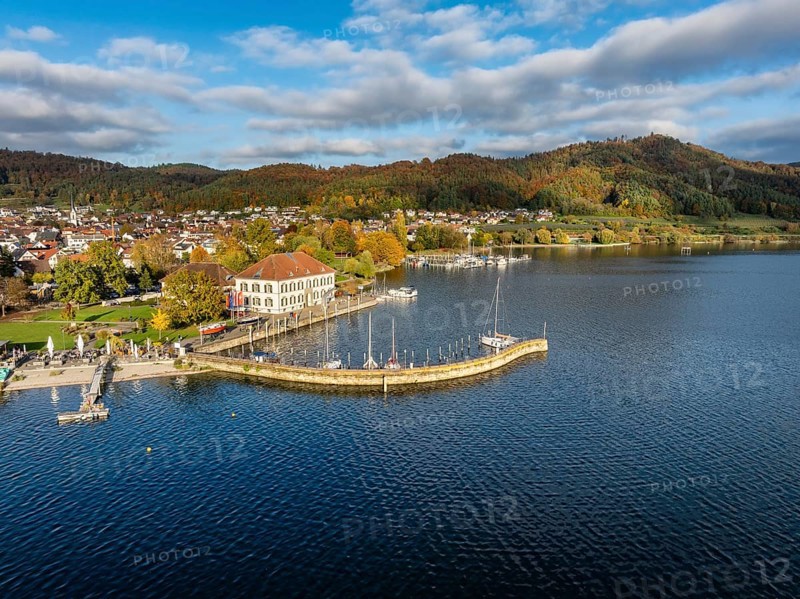 Aerial view of Lake Constance with the municipality of Bodman-Ludwigshafen with autumnal vegetation and the marina on the lake promenade with the old customs house, Hegau, district of Constance, Baden-Württemberg, Germany, Europe