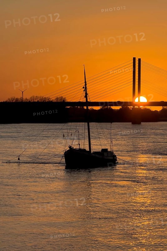 Sunset over river Rhine Lower Rhine, on the left in the foreground anchored historical ship Aalschokker fishing vessel, in the background west bank of Rhine and part of bridge Rhine bridge two-legged cable-stayed bridge, Rees, North Rhine-Westphalia, Germany, Europe