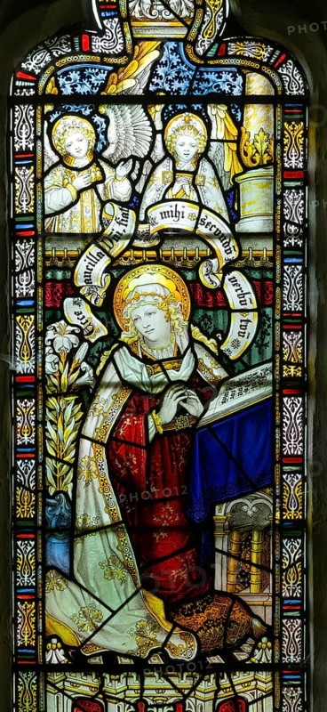 Stained glass window of Annunciation by Charles Eamer Kempe, church of Saint Botolph, Burgh, Suffolk, England, UK c 1902, Blessed Virgin Mary