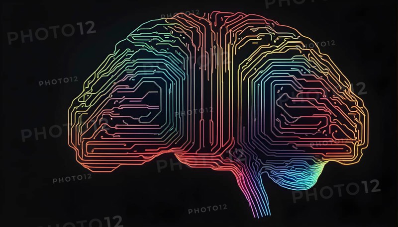 Abstract digital brain made of interconnected lines and glowing circuits in neon colors, representing artificial intelligence processing information, AI generated