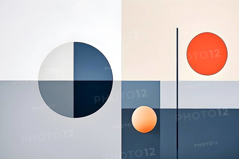 Minimalist composition of overlapping geometric shapes, such as circles, squares, and triangles, with clean lines and muted pastel colors, AI generated