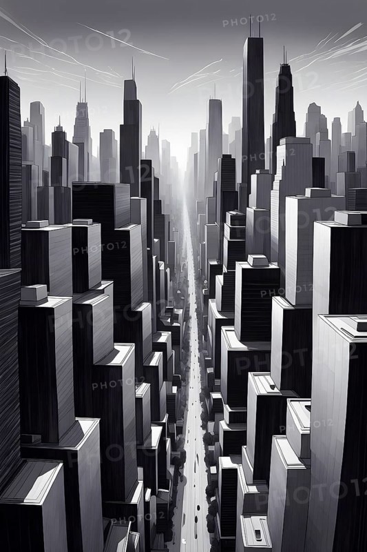Modern city skyline using clean lines and geometric forms, with rectangular buildings and smooth, curved roads in a monochromatic color palette of grey, black, and white, AI generated