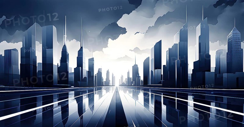 Modern city skyline using clean lines and geometric forms, with rectangular buildings and smooth, curved roads in a monochromatic color palette of grey, black, and white, AI generated