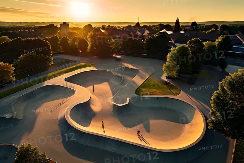 Aerial perspective top down of an empty skateboard park, AI generated
