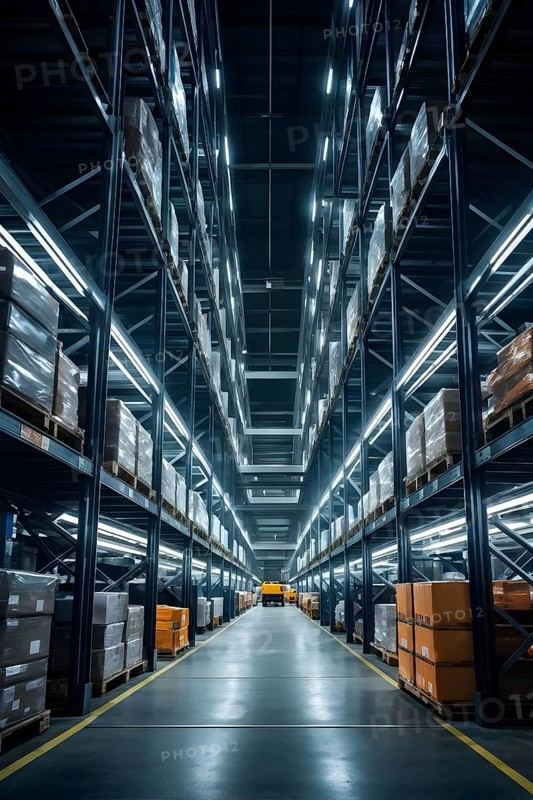Modern automatized high rack warehouse interior with pallets and boxes, AI generated