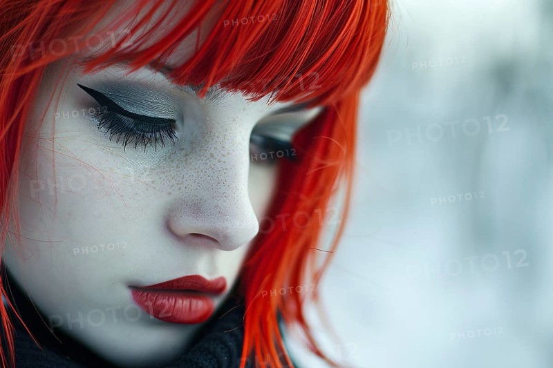 Portrait of young beautiful woman with pale skin and bright red hair with bob hairstyle with bangs and black eye makeup. KI generiert, generiert, AI generated