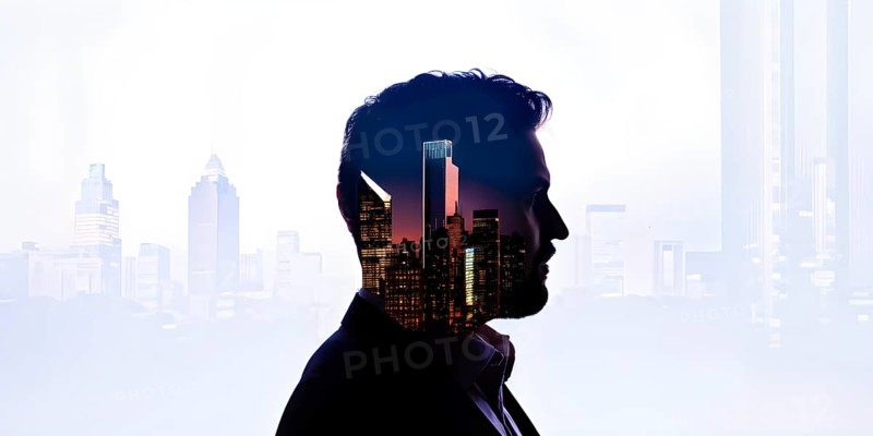 AI generated profile of a businessman with a double exposure of city lights, representing business success against an evening sky