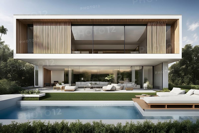 3d render of a modern sustainable house with a swimming pool, AI generated