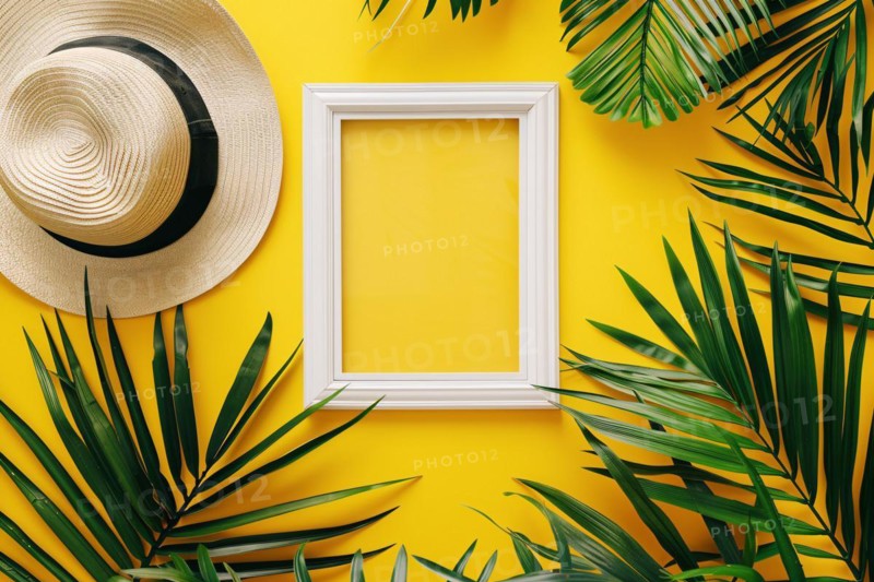 Summer flat lay with empty picture frame surrounded by tropical palm leaves and straw hat on yellow background. KI generiert, generiert, AI generated