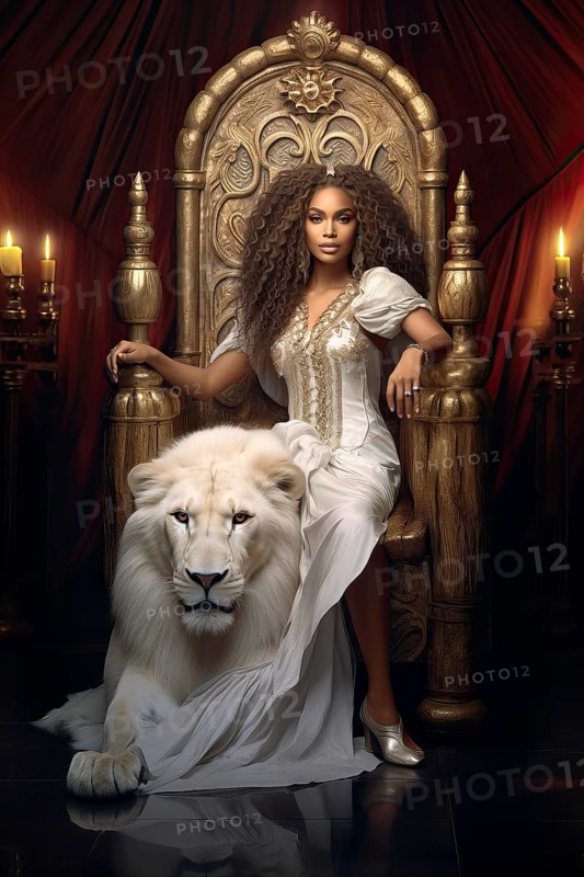 Beautiful young woman with long dark hair with her white pet lion, AI generated