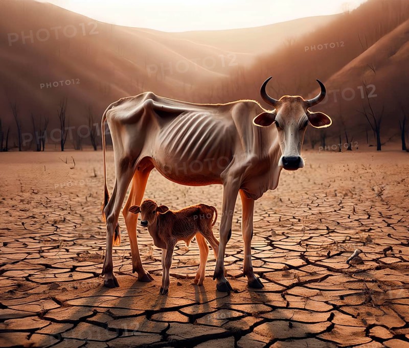 Climate change, climate crisis, global warming, symbolic image, a half-starved, emaciated cow stands with her calf in a parched, dried-up landscape, AI generated, AI generated