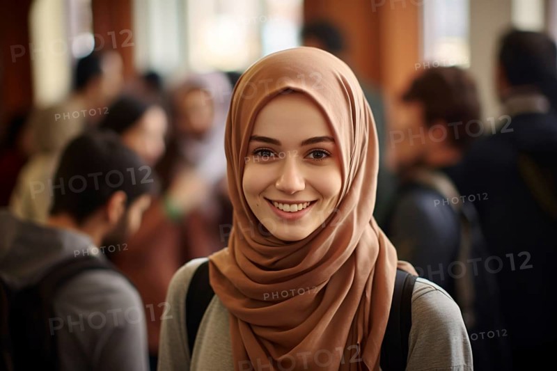 Young smiling muslim woman with hijab headscarf with blurry people in background at school or university. KI generiert, generiert AI generated