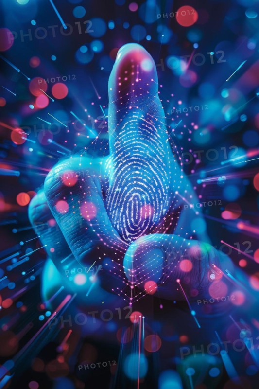 A finger points to a scanned, digitally captured fingerprint for biometric authentication, password, symbolic image for data misuse, cybercrime, fishing phishing, AI generated, AI generated, AI generated