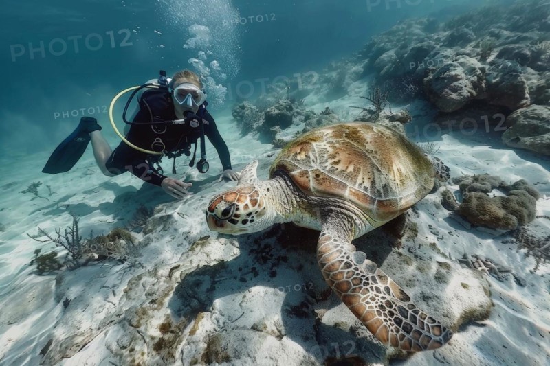 A diver encounters a sea turtle, Hawksbill turtle, A sea turtle, AI generated, AI generated, AI generated
