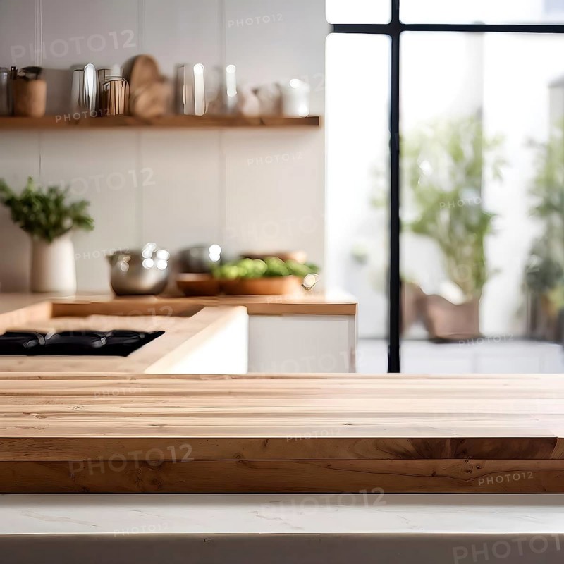 Wooden kitchen with top counter and other modern interior elements, AI generated