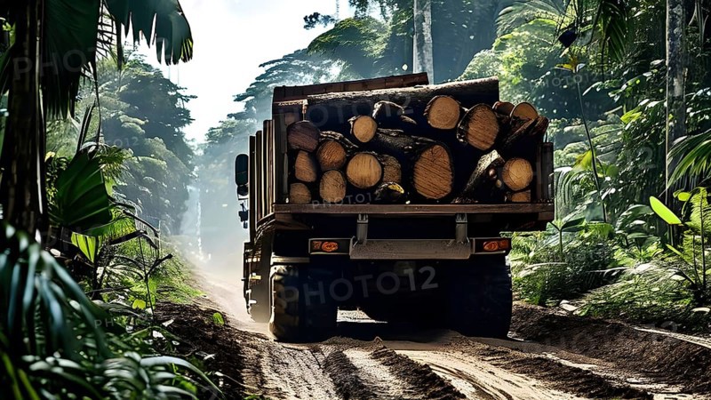 Trucks loaded with freshly cut timber wind through the narrow paths of the diminishing amazon rainforest, AI generated