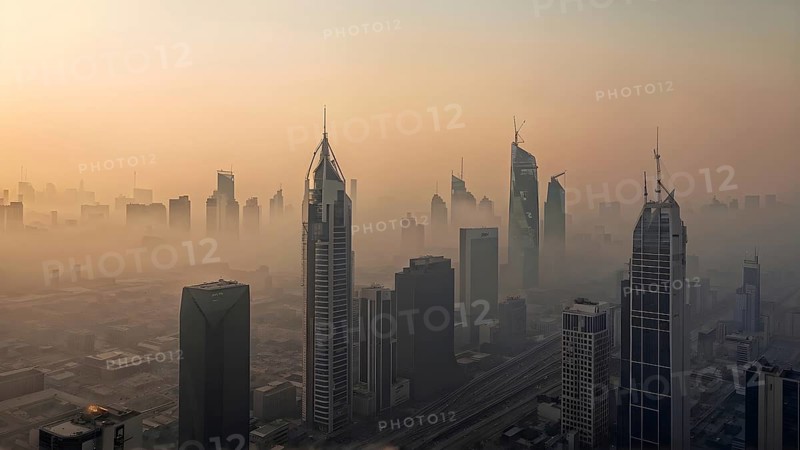 Aerial view of a mega city with smog and pollution, AI generated