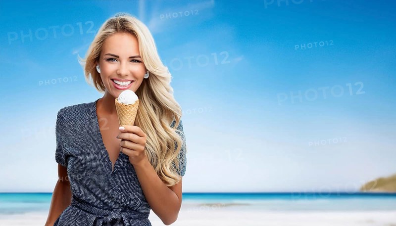 A blonde woman enjoys eating an ice cream cone, AI generated