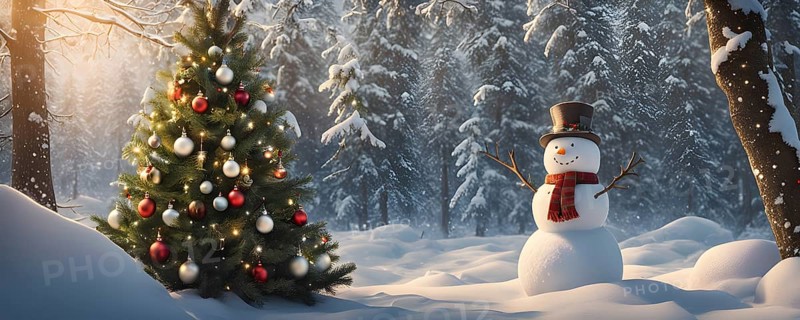 Peaceful and serene Christmas scene with a decorated Christmas tree with gifts presents and a cute snowman in a snowy forest, AI generated