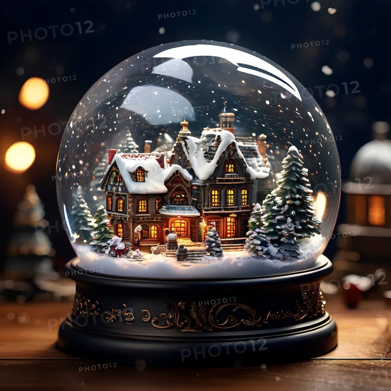 Snow globe with a tiny festive village inside, capturing the swirling snow and the light reflections on the glass dome, AI generated