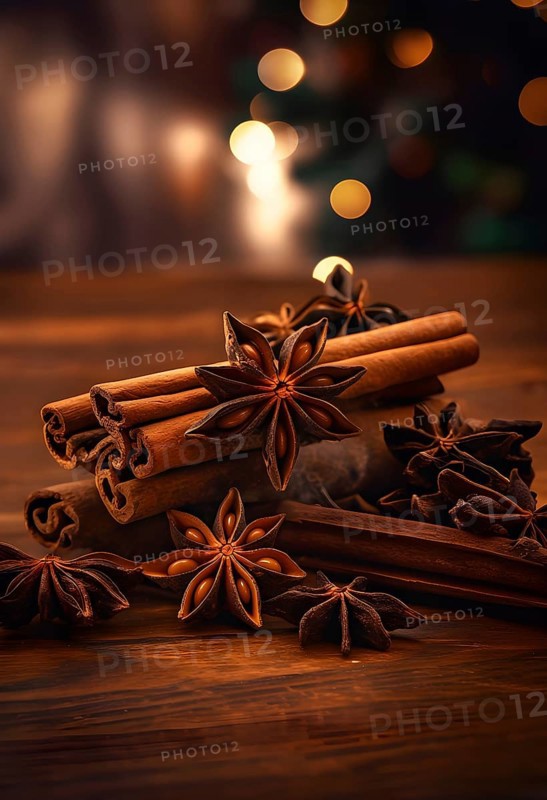 Christmas spices like cinnamon sticks, star anise, and cloves arranged on a wooden table, with soft ambient lighting evoking warmth and coziness, AI generated