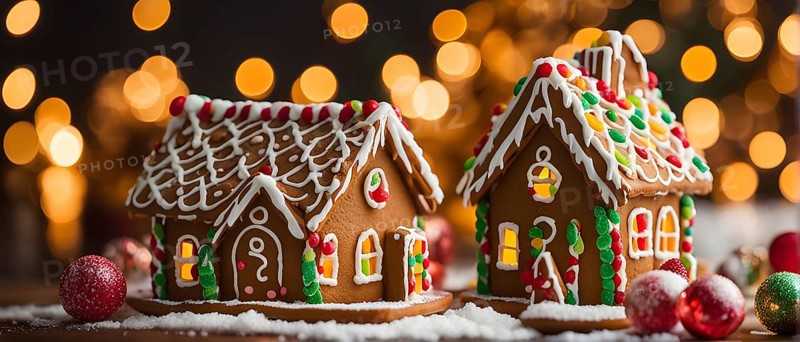 Gingerbread house decorations, focusing on the intricate icing details, colorful candy, and soft, warm light creating a cozy festive ambiance, AI generated