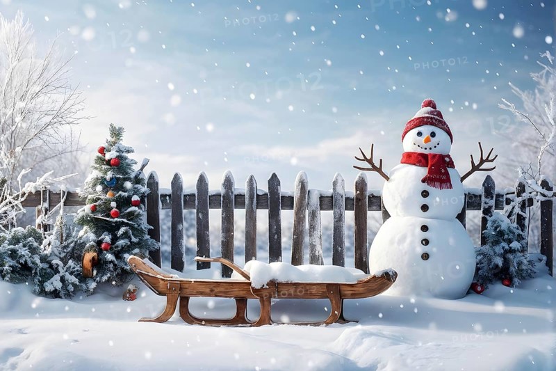 Rustic wooden sleds with frost covered branches and a snowman in the background, AI generated